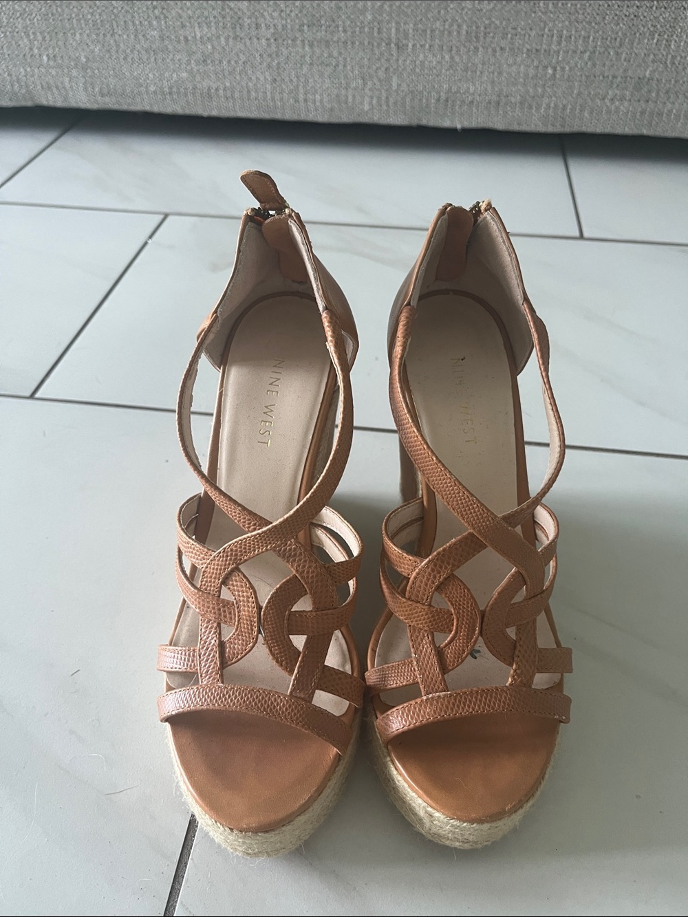 Nine West Cognac Braided Espadrille Wedge Sandals